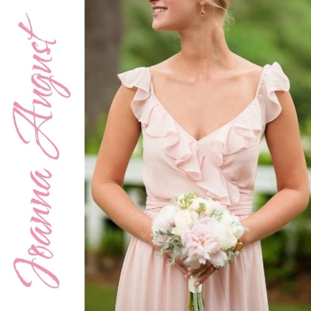JOANNA AUGUST Lacey Blush Pink Formal V-Neck Wedding Party Ruffle Wrap Dress, XS